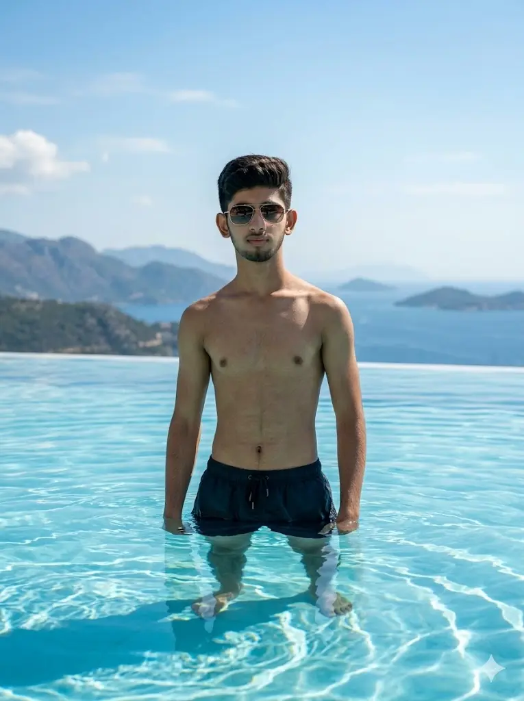 A cinematic ai Prompt showing an Indian man in a swimming pool 