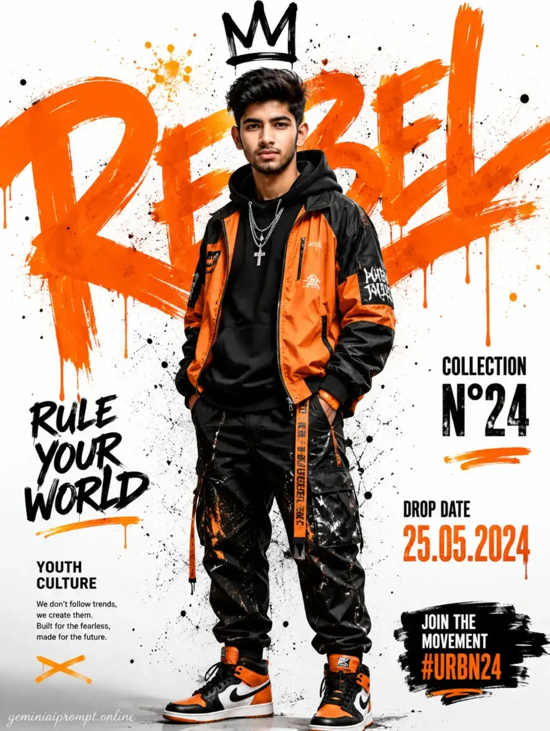 Ultra realistic urban streetwear fashion poster of stylish young man in oversized orange and black jacket, black hoodie, cargo pants and sneakers standing confidently in front of bold orange REBEL graffiti wall, cinematic hypebeast editorial style with modern youth culture typography and premium fashion campaign aesthetic.